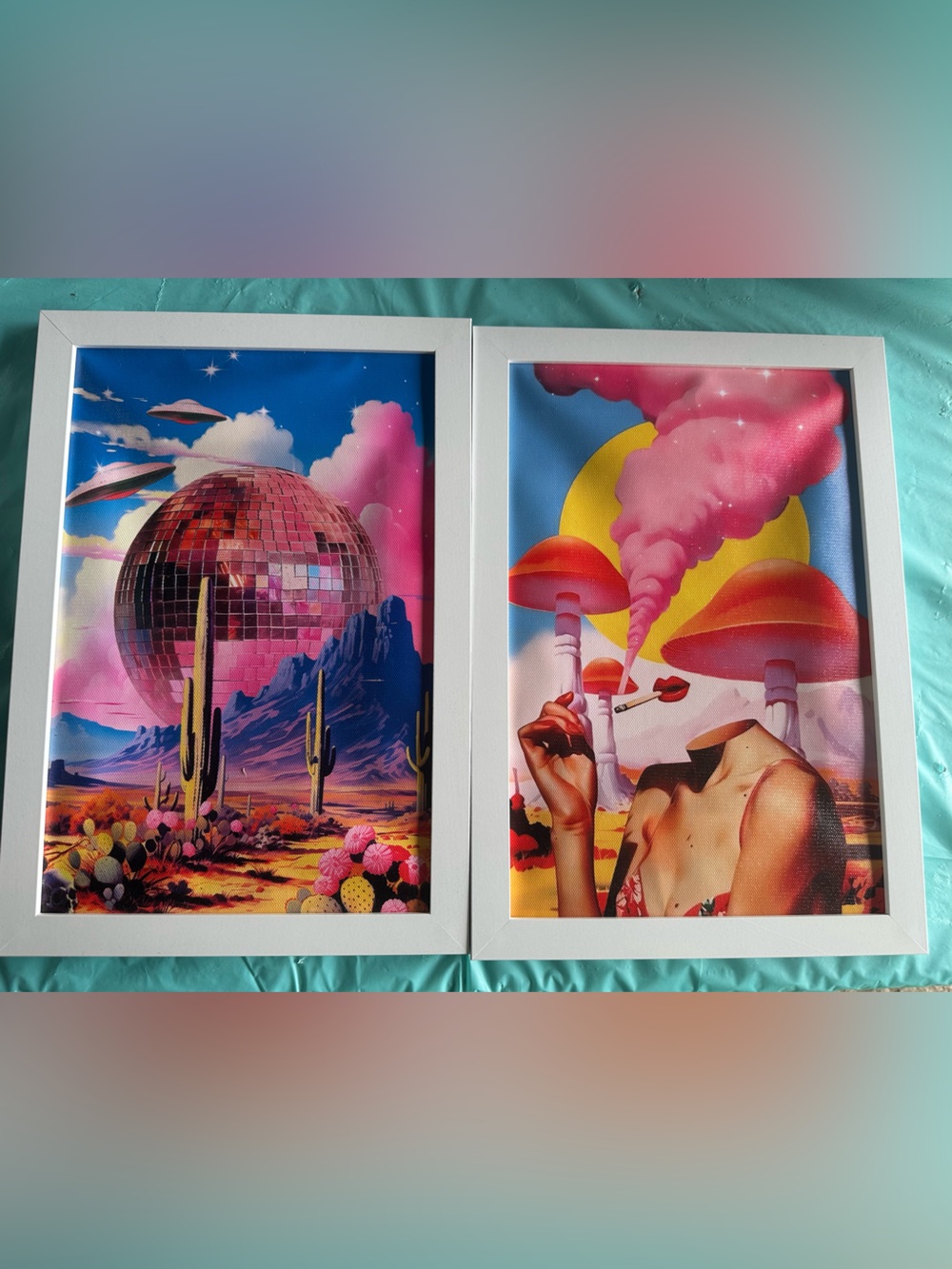 Framed Vibrant Surreal Wall Art Print - Pink & Blue
